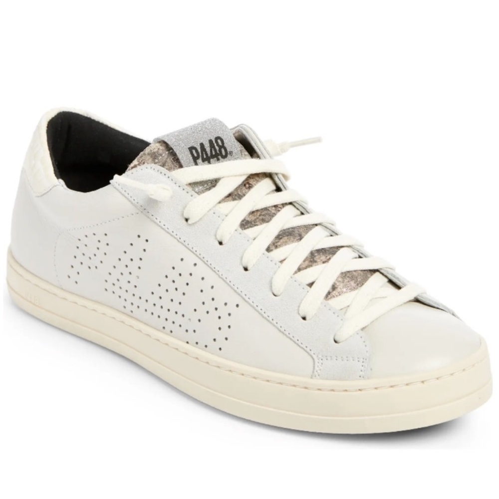 P448 John Low Top Distressed Leather Sneaker in Glitter Suede White size 38